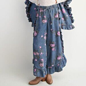 E29 Easel Dark Wash Floral Printed Chambray Loose Fit Pants Plus Size